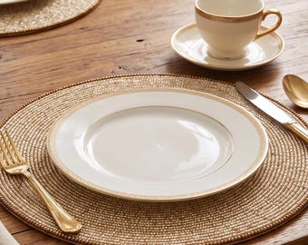 Champagne Gold Beaded Placemat Round Table Charger, 15 Inch Hand Beaded Dining Charger for Wedding Reception, Holiday Dinner Table Setting