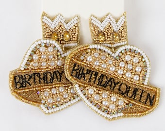 Gold Birthday Queen Earrings, Birthday Earrings, Beaded Earrings, Seed Bead Earrings, Birthday Party Earrings, Beaded Earrings Birthday Gift