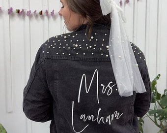 Black Pearl Custom Bridal Denim Jacket, Custom Mrs. Last Name Bridal Jean Jacket, Bachelorette Party Denim Jacket, Wedding Party Jean Jacket