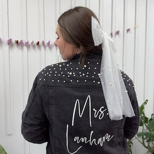 Black Pearl Custom Bridal Denim Jacket, Custom Mrs. Last Name Bridal Jean Jacket, Bachelorette Party Denim Jacket, Wedding Party Jean Jacket