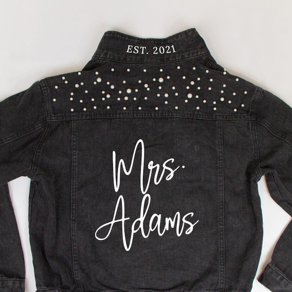 Black Pearl Custom Mrs. Last Name Jean Jacket, Custom Denim Jacket, Bride Black Denim Jacket, Bridal Shower Denim Jackets, Wedding Jackets