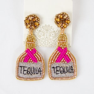 Tequila Bottle Earrings, Party Earrings, Gold Tequila Earrings, Beaded Earring, Seed Bead Earring, Beaded Party Earring, Beaded Earring Gift