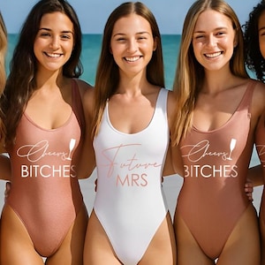 Mrs Bachelorette Swimsuit,  Cheers Swimsuit, Custom One Piece Swimsuit, Personalized Bride Swimsuit, Bridesmaid Swimsuit Gifts