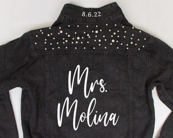 Black Pearl Mrs. Last Name Jean Jacket, Personalized Mrs. Last Name Denim Jacket, Bride Jean Jacket, Custom Bridal Jacket, Wedding Jacket