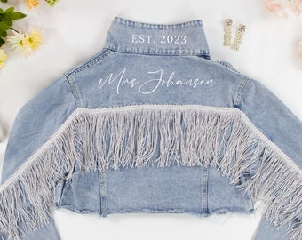 Blue Fringe Denim Jackets, Bride Denim Jacket, Bride Jean Jacket, Bridal Shower Denim Jacket, Bachelorette Fringe Jacket, Custom Jean Jacket