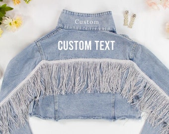 Blue Fringe Custom Denim Jacket, Personalized Denim Jacket, Bridal Shower Denim Jacket, Bachelorette Party Denim Jacket, Personalized Jacket