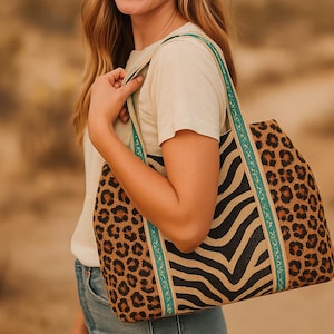 Leopard Zebra Beaded Tote, Safari Animal Print Shoulder Bag, Bold Statement Handbag, Boho Jungle Bag, Handmade Animal Print Beaded Tote Bags