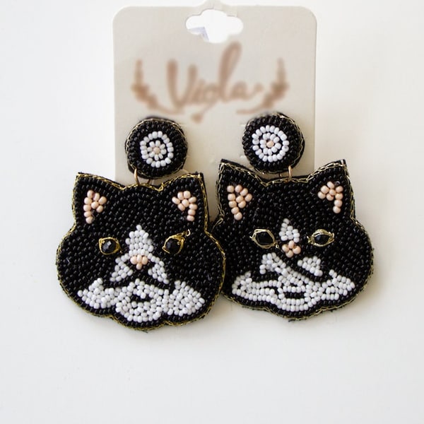 Boucles d'oreilles chat noir, boucles d'oreilles animaux perlés, boucles d'oreilles chat perle de rocaille, boucles d'oreilles perle de rocaille, cadeau de boucle d'oreille, cadeau pour elle, bijoux de chat, boucle d'oreille pour animaux de compagnie