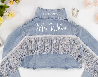 Blue Fringe Jean Jacket, Custom Denim Jacket, Personalized Denim Jacket, Bridal Denim Jacket, Bride Jean Jacket, Bachelorette Party Jacket