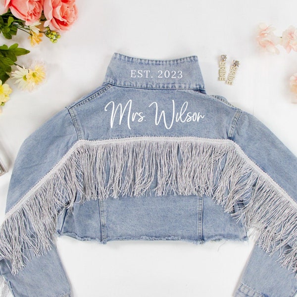 Blue Fringe Jean Jacket, Custom Denim Jacket, Personalized Denim Jacket, Bridal Denim Jacket, Bride Jean Jacket, Bachelorette Party Jacket