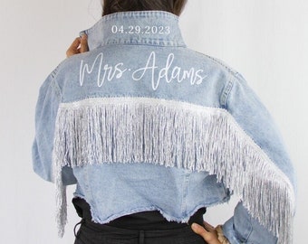 Blue Fringe Custom Mrs. Last Name Denim Jacket, Denim Jacket Gifts, Bridal Shower Jean Jacket, Bride Denim Jacket, Bachelorette Party Jacket