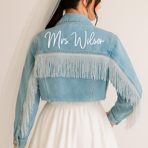 Blue Fringe Jean Jacket, Custom Denim Jacket, Personalized Denim Jacket, Bridal Denim Jacket, Bride Jean Jacket, Bachelorette Party Jacket