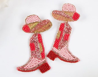 Rosa Cowboy-Boot-Ohrringe, Cowgirl-Boot-Ohrringe, Mädchen Nacht Bachelorette Party Ohrringe Braut-Rocailles Ohrringe Braut Perlen Ohrringe