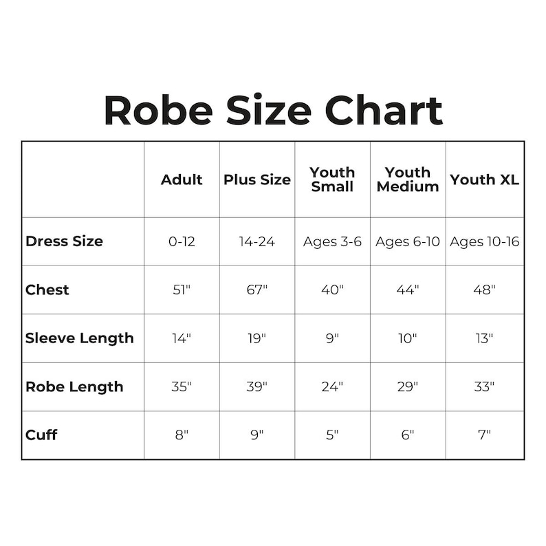 the size chart for the robe size chart