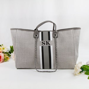 Custom Tote Bag with Monogram, Personalized Canvas Tote, Striped Jute Shoulder Beach Honeymoon Handbag, Personalized striped Mothers Day Bag