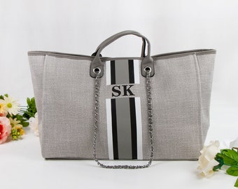 Bolsa tote personalizada com monograma, bolsa de lona personalizada, bolsa de ombro listrada de juta para praia e lua de mel, bolsa listrada personalizada para o Dia das Mães