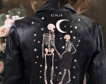 Custom Skeleton Design Leather Jacket, Embroidered Leather Jacket, Personalized Leather Jackets Gift, Unique Couple Theme, Stylish Outerwear