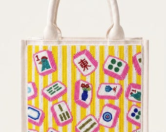 Yellow Mahjong Beaded Tote Bag, Handmade Tile Handbag, Colorful Game Night Purse, Asian Inspired Gift For Her, Unique Statement Fashion Bags