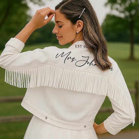 Giacca di jeans personalizzata con frange bianche, giacca di jeans