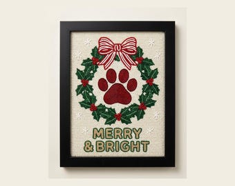 Personalized Beaded Dog Paw Christmas Wall Art, Framed Holiday Pet Keepsake with Custom Name, Hand Embroidered Beadwork Decor
