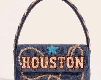Personalized Houston Beaded Shoulder Bag with Rodeo Lasso, Custom Western Baguette Purse, Texas Concert Hand Beaded Bag
