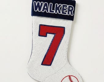 Personalized Beaded Baseball Christmas Stocking with Name and Number, Custom Sports Jersey Stocking, Hand Beaded Velvet Holiday Decor