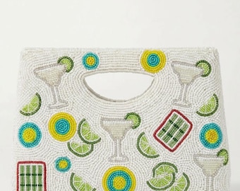 Margarita Mahjong Beaded Handbag, Cocktail Mahjong Purse, Mahjong Gift for Women, Lime Beaded Bag, Girls Night Game Accessory, Handmade Gift