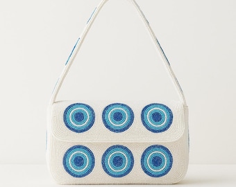 Boze oog tas met kralen, boze oog portemonnee met kralen, boze oog schoudertas, handtas beschermend oog, handgemaakte boze oog tas, boze oog charme portemonnee cadeau
