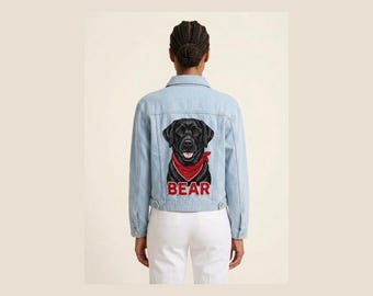 Custom Dog Portrait Beaded Denim Jacket, Personalized Pet Name Black Lab Jean Jacket, Hand Beaded Dog Mom Gift
