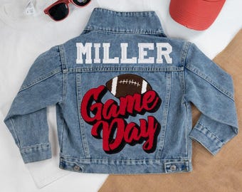 Jaqueta jeans personalizada para presente no Dia do Jogo, Jaqueta jeans personalizada para crianças, Jaqueta jeans personalizada com patch para o Dia do Jogo, Jaqueta jeans personalizada para o Dia do Jogo