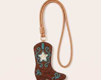 Beaded Cowboy Boot Bag Charm, Western Purse Charm Personalized with Monogram Initial, Texas Hand Beaded Leather Strap Charm