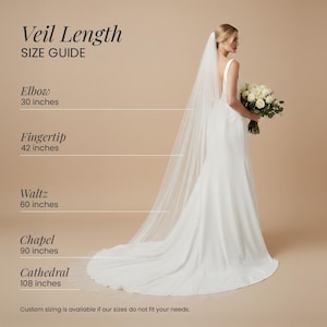 The image is a size guide for a bride's veil, providing measurements for different styles of veil lengths.