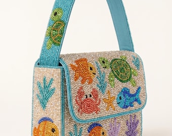 Meeresgeschöpf Handtasche, Perlen Ozean Tasche, unter dem Meer Clutch, Braut Strandtasche, Tropisches Thema Geldbörse, bunte Meer Handtasche, Strand Clutch Geschenke
