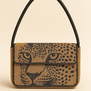 Beaded Shoulder Bags, Tiger Beaded Purse, Animal Print Clutch, Jungle Theme Bags, Handcrafted Purse, Custom Beaded Bag, Exotic Animal Purses Cheetah Face