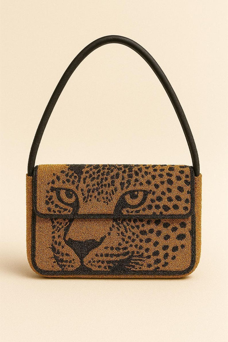 Beaded Shoulder Bags, Tiger Beaded Purse, Animal Print Clutch, Jungle Theme Bags, Handcrafted Purse, Custom Beaded Bag, Exotic Animal Purses Cheetah Face