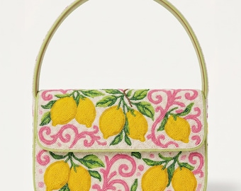Lemon Shoulder Bag, Citrus Print Purse, Fruit Shoulder Bag, Yellow