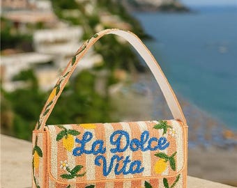 Pfirsich Zitrone Umhängetasche, Gestreifte Perlen Geldbörse, Umhängetasche La Dolce Vita, Zitrone Design Geldbörse, Sommer Perlen Umhängetasche, Schulter Handtasche
