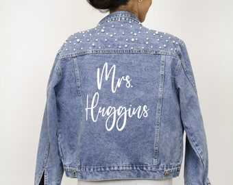 Blue Pearl Jacket, Customized Bride Mrs Jean Jacket, Personalized Bridal Jacket, Bridal Customized Denim Jacket, Pearl Wedding Jean Jacket