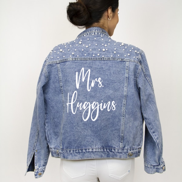 Blue Pearl Jacket, Customized Bride Mrs Jean Jacket, Personalized Bridal Jacket, Bridal Customized Denim Jacket, Pearl Wedding Jean Jacket