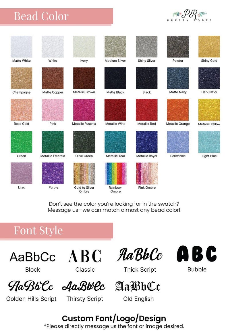 a collection of various bead colors and font styles, which can be used for customizing designs or creating personalized items.