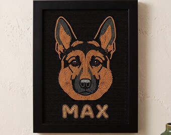 Custom Beaded German Shepherd Portrait Framed Art, Personalized Dog Memorial Wall Decor, Hand Embroidered Pet Loss Gift with Name