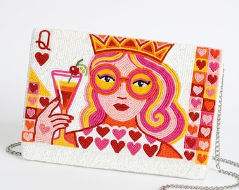 Torebka Queen of Hearts, torebka Heart Queen, wieczorowa kopertówka z koralikami, torebka retro Queen, torebka z motywem serca, kopertówki Queen, torebki Queen (HHFC)
