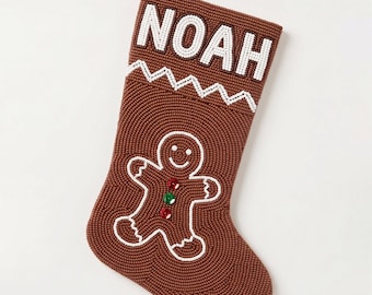 Personalized Beaded Christmas Stocking with Name, Gingerbread Christmas Stocking, Custom Hand Beaded Cocoa Holiday Mantle Decor