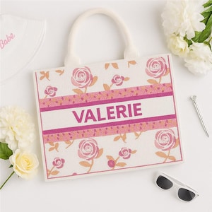 Pink Floral Beaded Tote Bag, Custom Floral Tote Bag, Custom Name Beaded Tote Bags, Customized Floral Beaded Tote Bag, Custom Beaded Tote Bag
