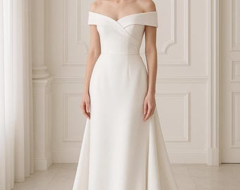 Off Shoulder Wedding Dress, Satin Bridal Gowns, Modern A-Line Dress, Elegant Wedding Gown, Structured Bridal Dress, Minimalist Wedding Dress