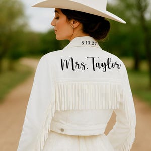 White Fringe Custom Bride Jacket, Bride Denim Jacket, Bride Jean Jacket, Personalized Mrs Jacket, Cropped Jean Jacket, Custom Bride Jackets
