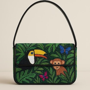 Beaded Shoulder Bag, Custom Beaded Purse, Exotic Bird Handbag, Monkey Beaded Bag, Jungle Theme Purse, Animal Print Purse, Handcrafted Purses