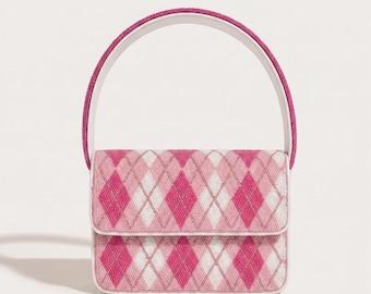 Pink Argyle Beaded Shoulder Bag, Preppy Purse, Handmade Seed Bead Handbag, Y2K Top Handle, Pink Diamond Pattern, Gift for Her, Statement Bag