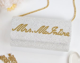 Custom Mrs Clutch Purse, Personalized Clutch Bag, Custom Seed Bead Clutch Bag, Beaded Clutch, Beaded Purse, Bachelorette Bride Clutch - FOG