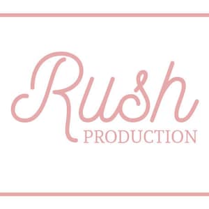 May include: A logo design featuring the word "Rush" in a cursive, light pink font, with "PRODUCTION" in a smaller, sans-serif font below. The text is enclosed within a light pink square border, set against a white background.